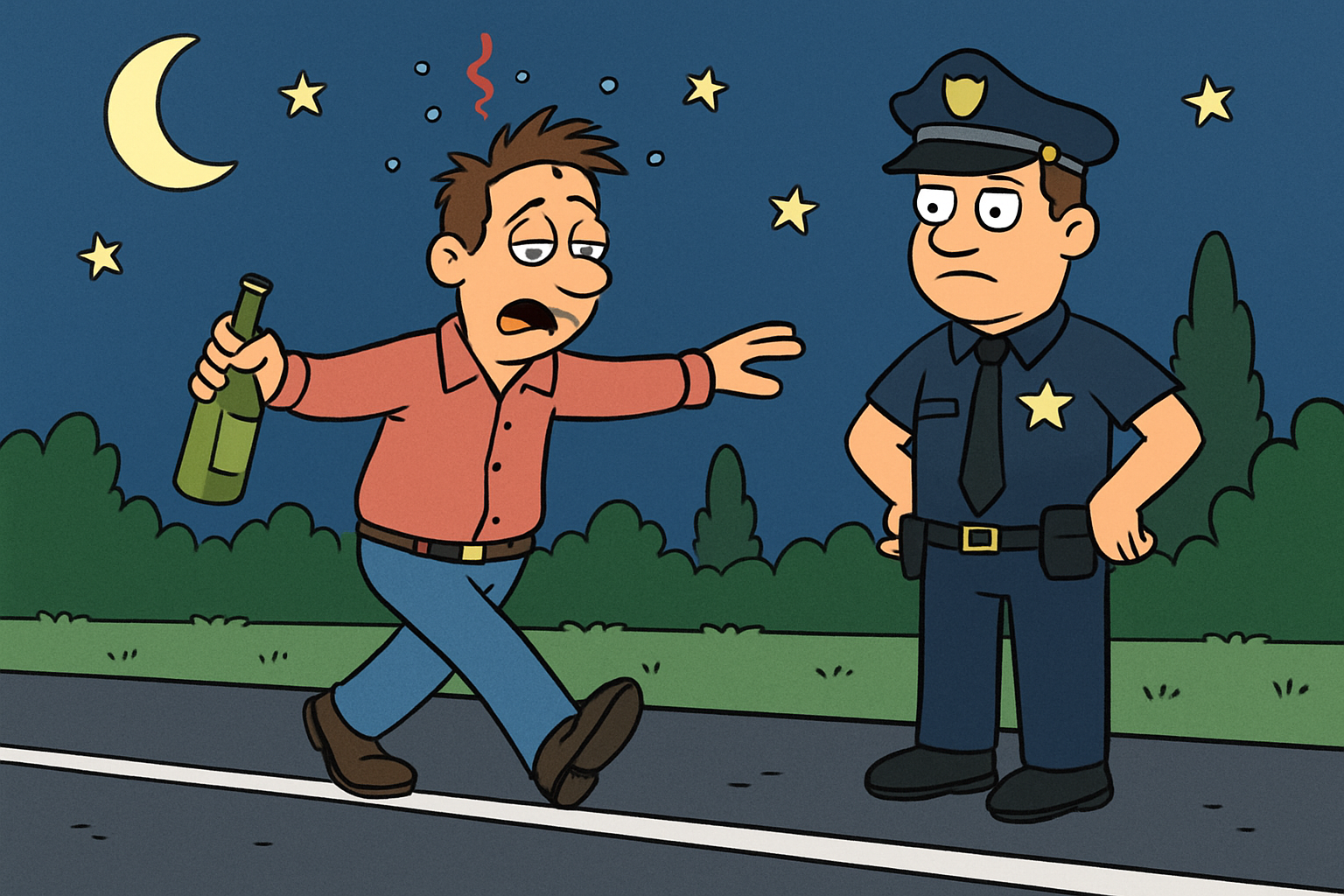 A cartoon style image of a drunk driver walking the line to prove sobriety-1