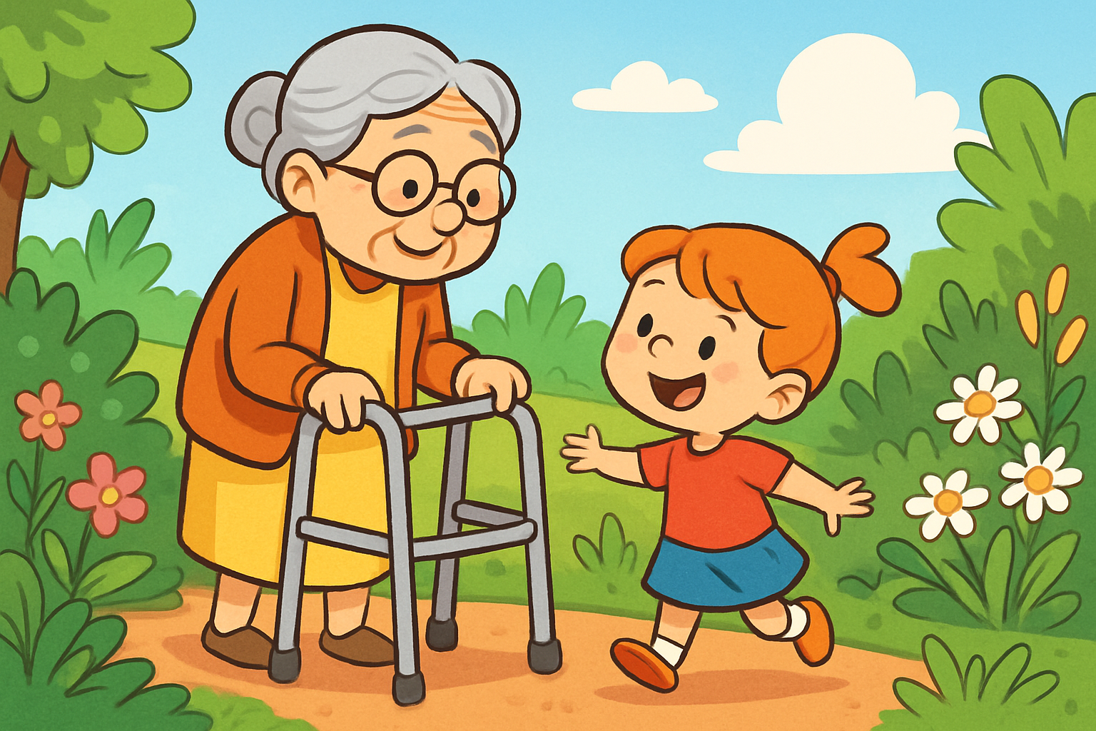 A cartoon style image of an old person with a walker and a small child in a garden-1