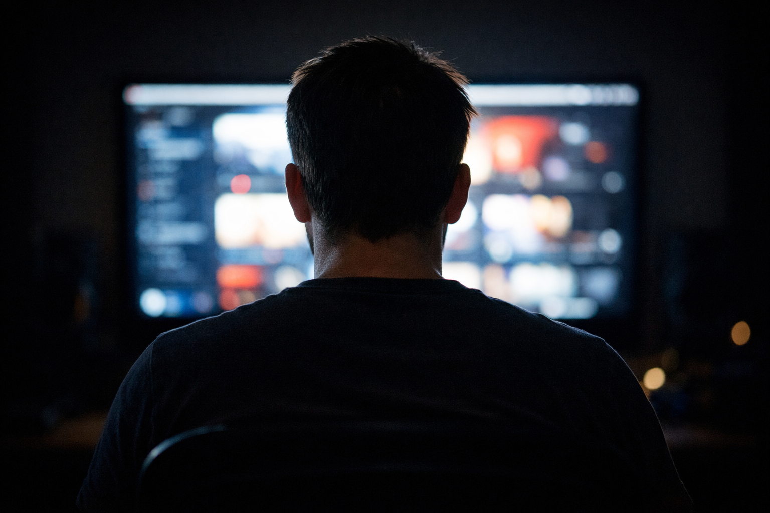 Backlit Man in Dark Room with Out of Focus Screen-3