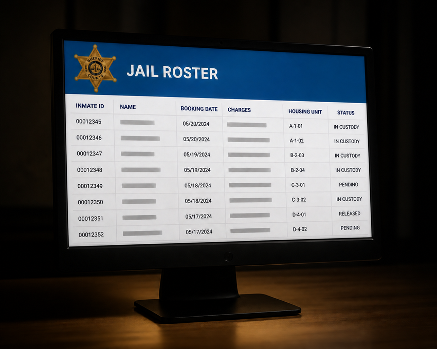 Computer monitor displaying an example of a Nevada County online jail roster on a desk in a darkened room.