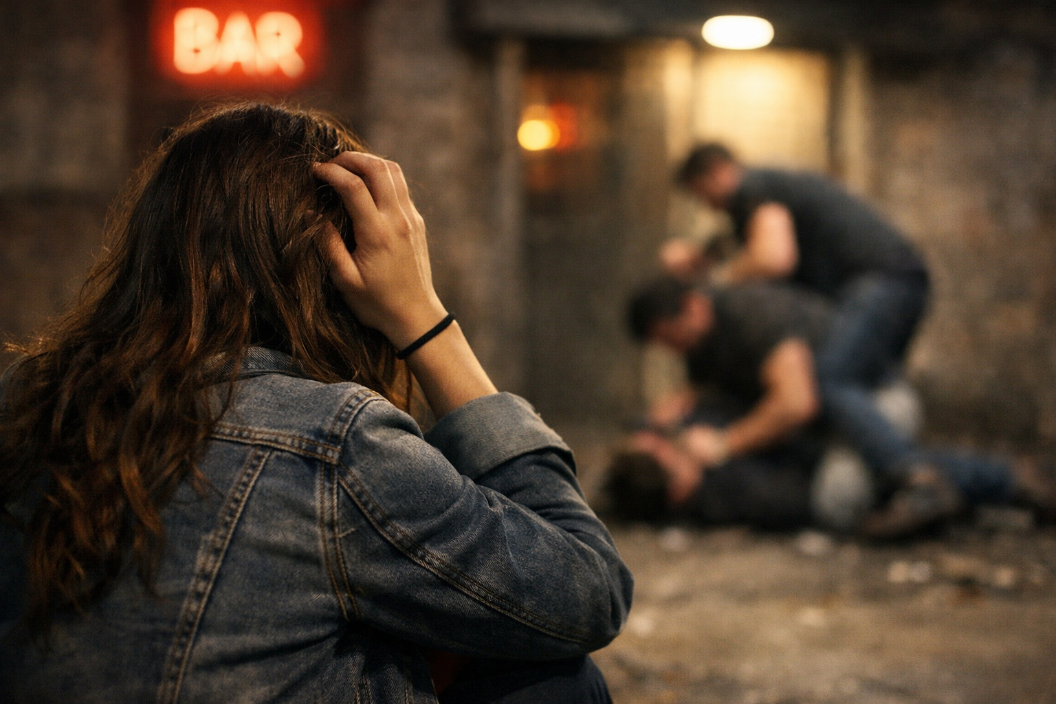 Distressed Woman Watching Men Fighting Outside Bar-1