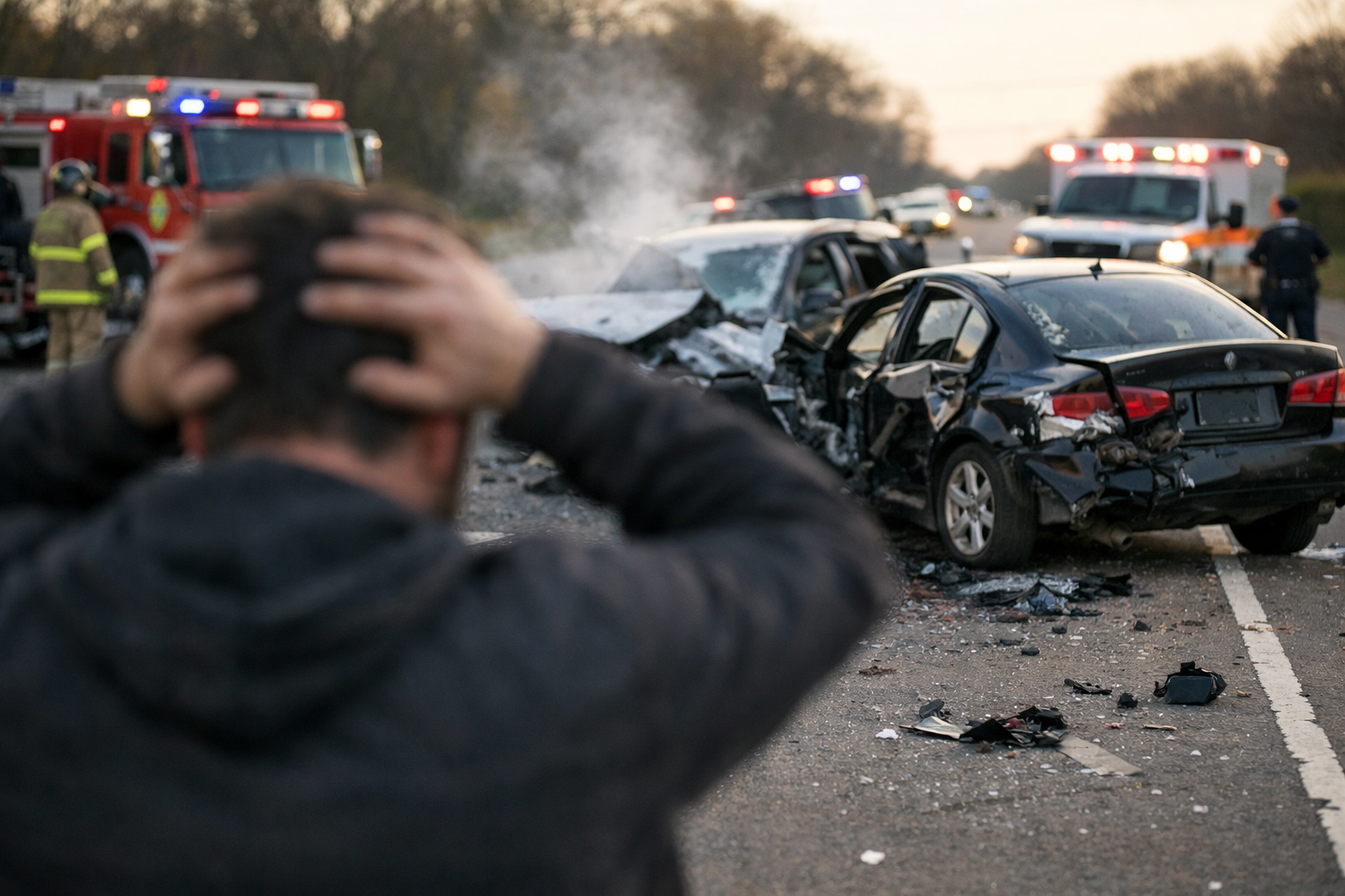 Fatal Car Accident Scene with OutofFocus Man in Distress