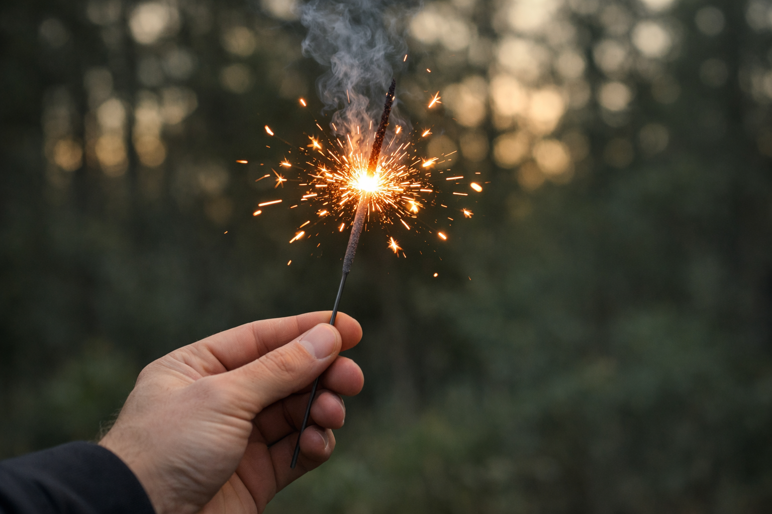 Hand Holding Lit Firework in Out of Focus Forest