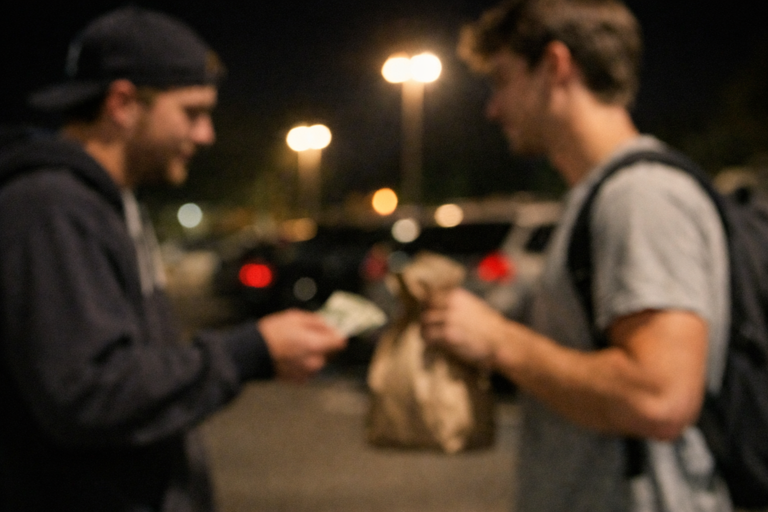 Two young men exchanging money and a paper bag in a parking lot at night