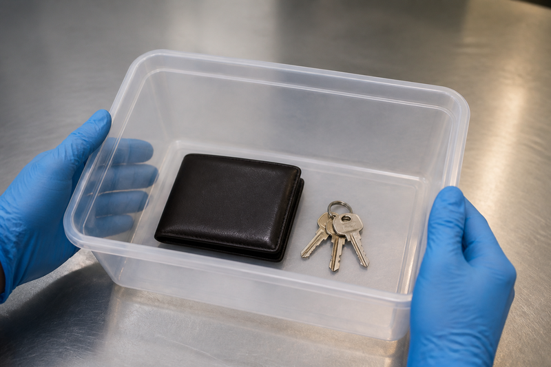 Nitrile Gloved Hands Holding Wallet and Keys on Metal Table-1-1