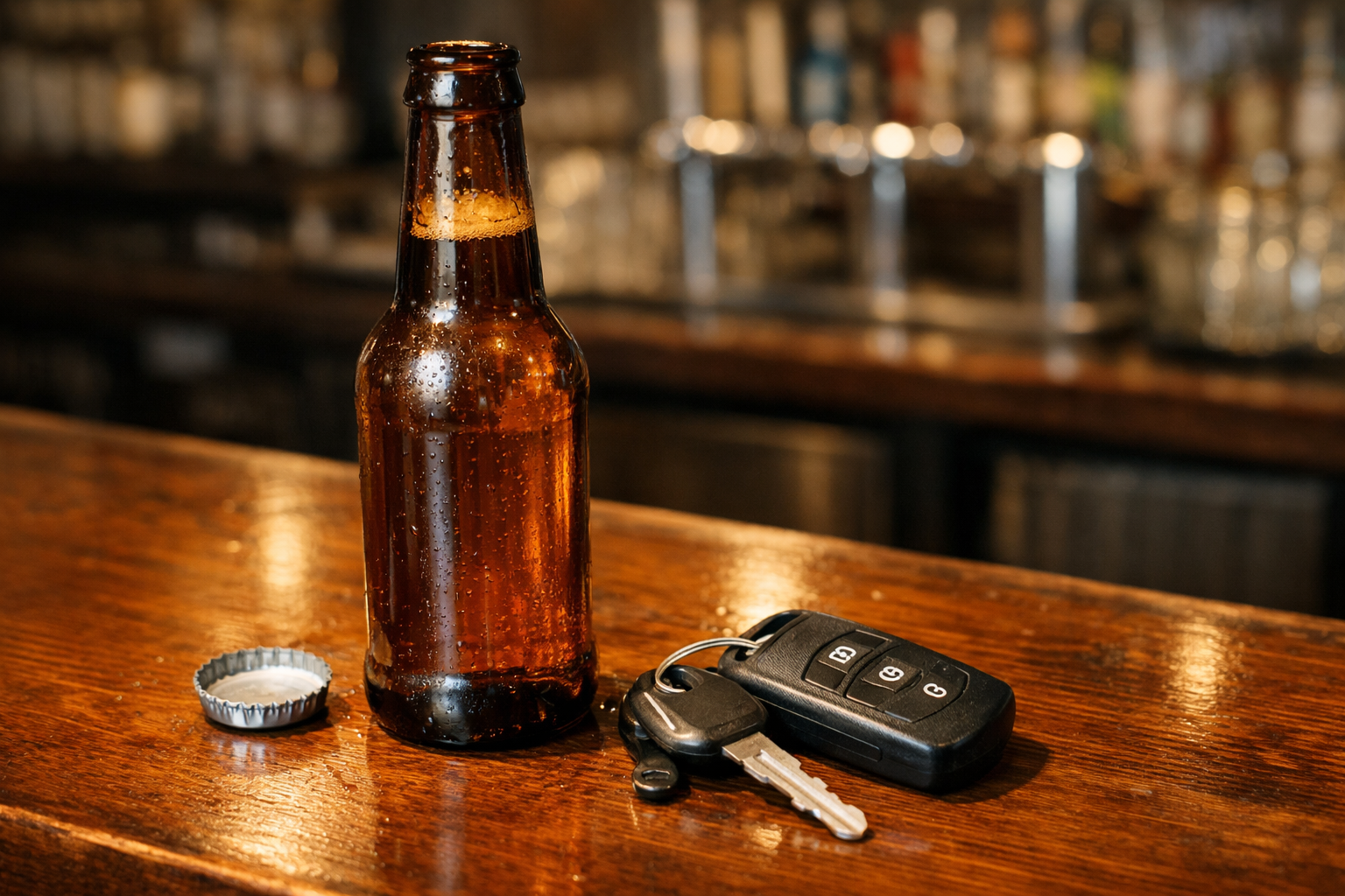 Open Beer Bottle and Car Keys on Bar Top