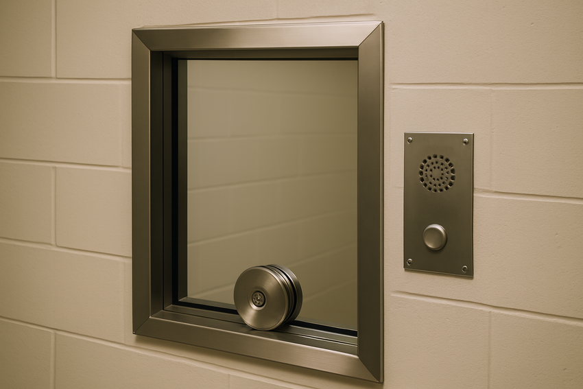 Viewing window with intercom.