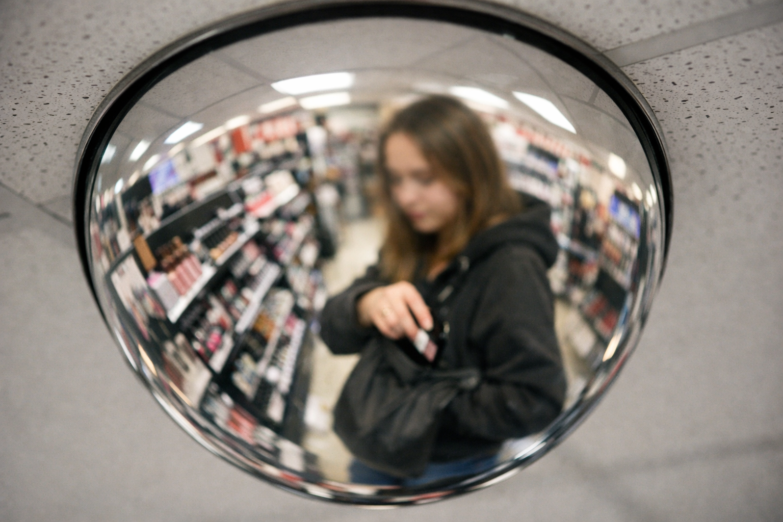 Spherical AntiTheft Mirror Reflects Out of Focus Woman Stealing Cosmetics-1