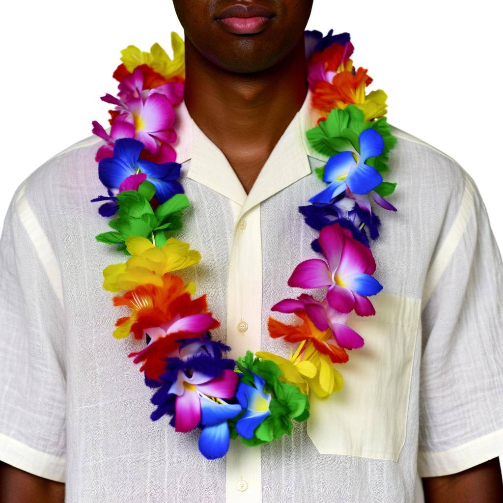 flower lei around mans neck