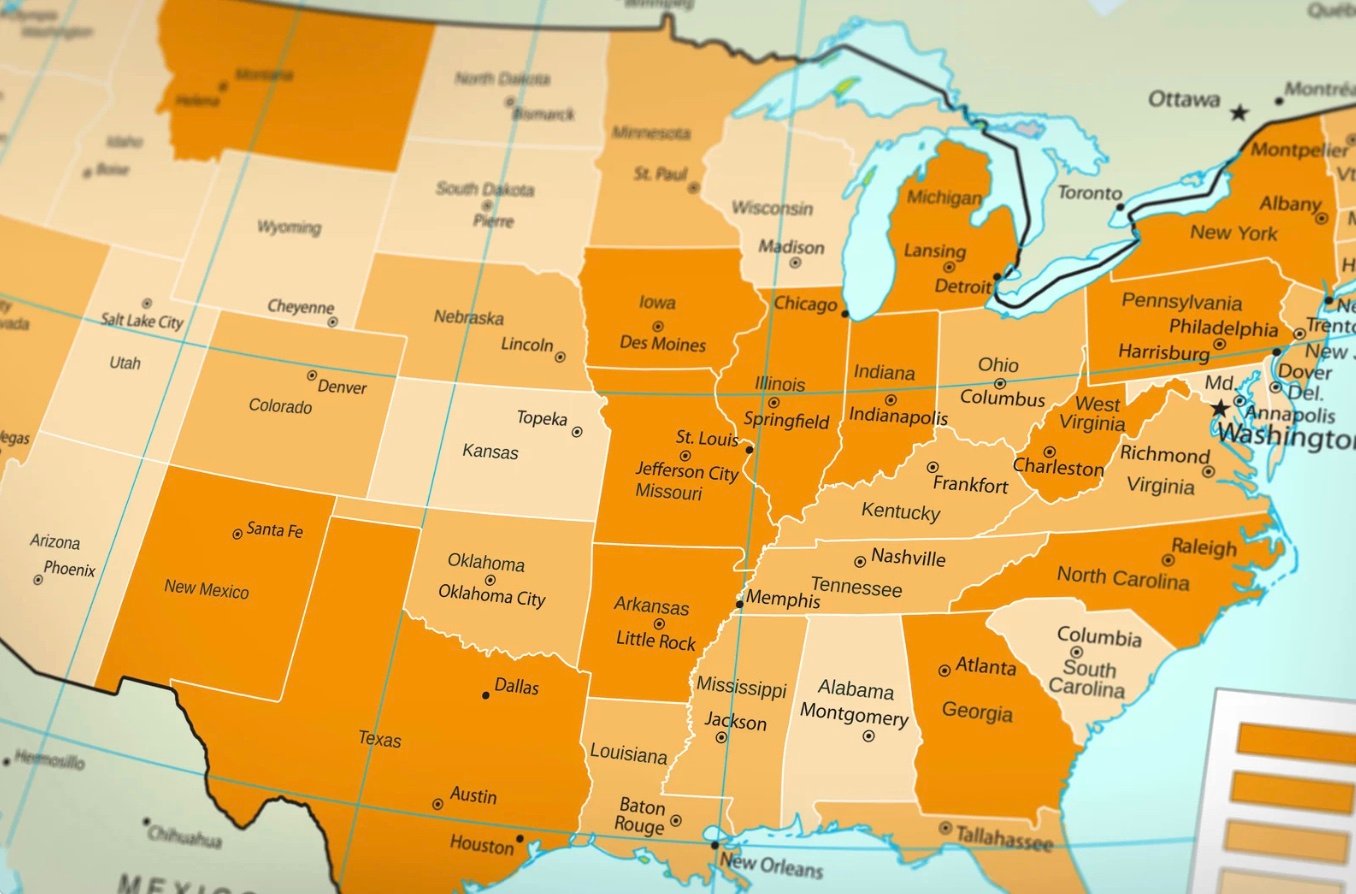 map od the United States excluding the west coast 