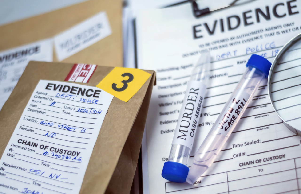 a gathering of evidence of a murder case: DNA, Papers, etc