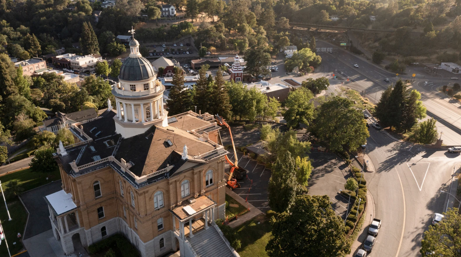 a downward view of the Auburn Court House at sunset