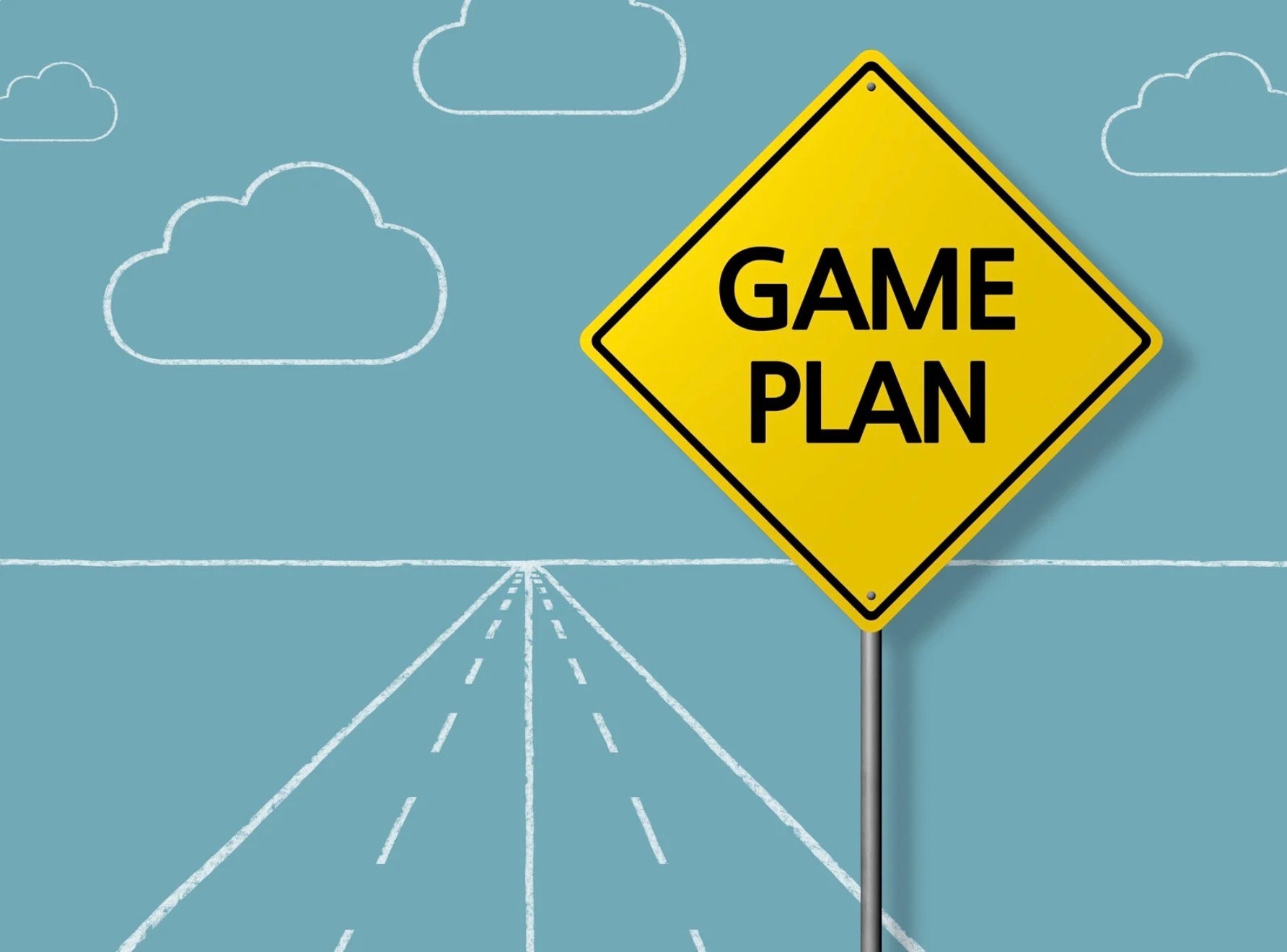 a chalk drawing of a road with a game plan sign next to it 