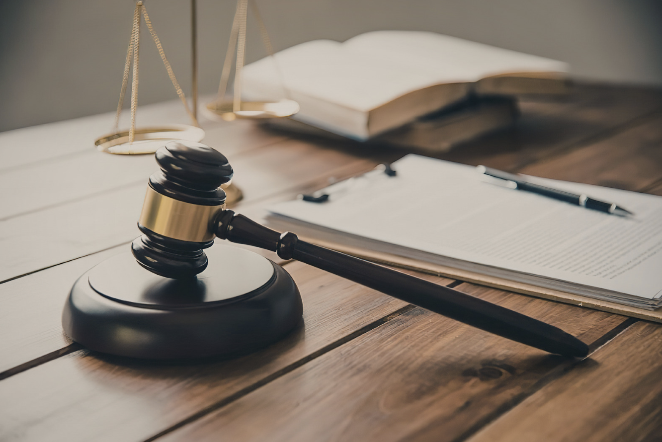 A gavel resting next to a legal pad on a desk