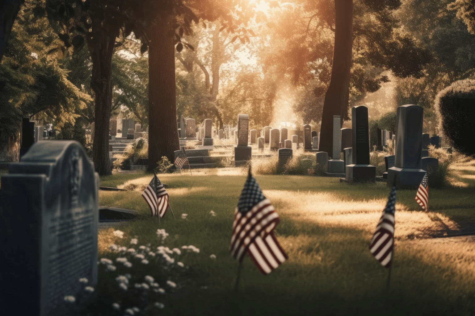 A graveyard with Memorial Day flags posted at each individual grave