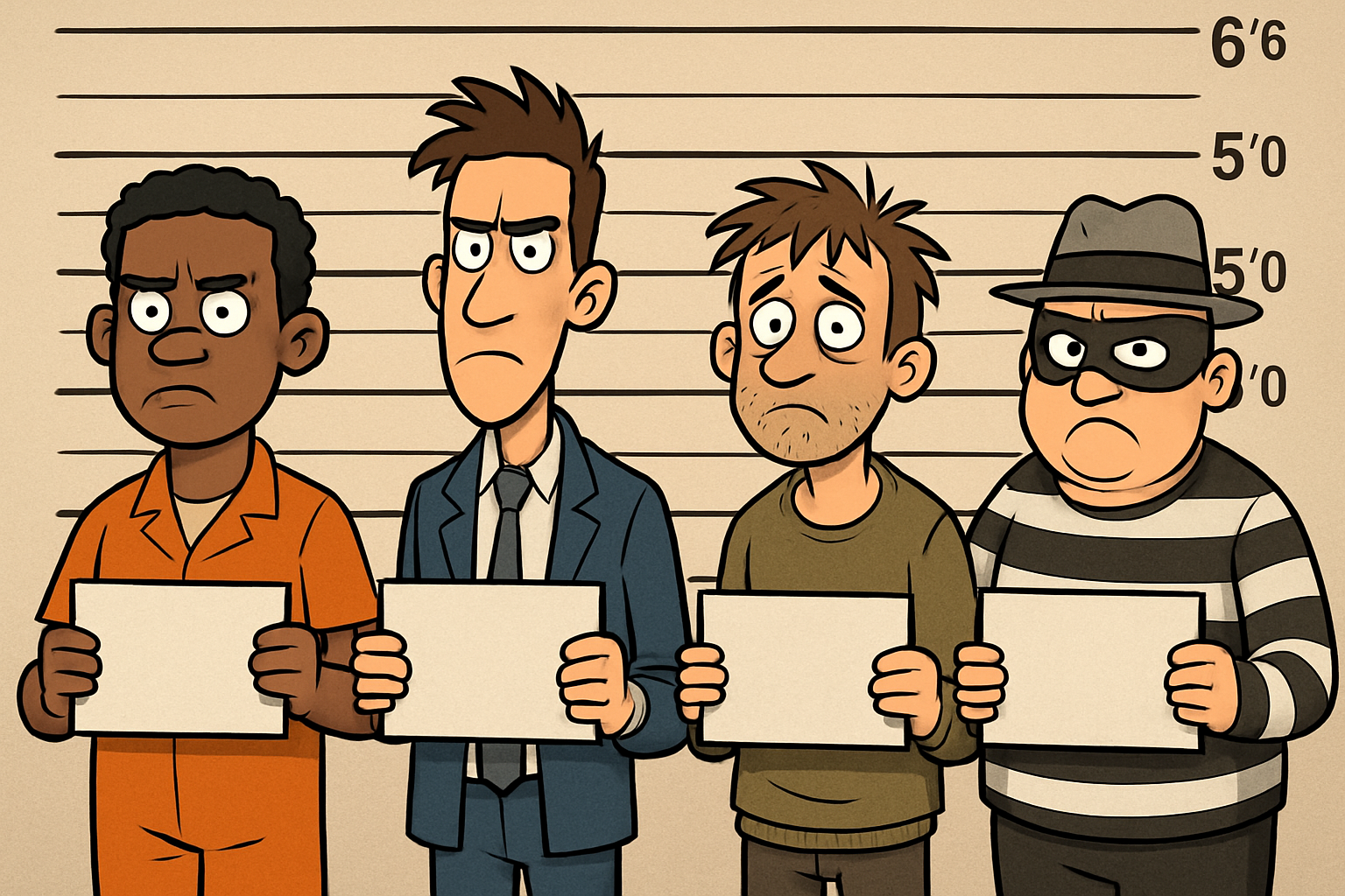 A cartoon style image depicting a suspect lineup-1