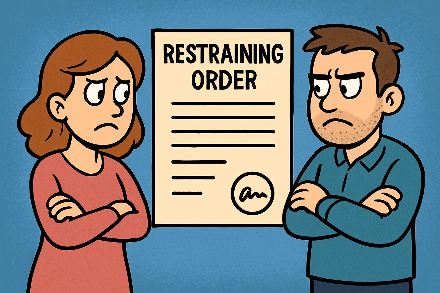 A cartoon style image depicting a woman and a man with a restraining order between them-1
