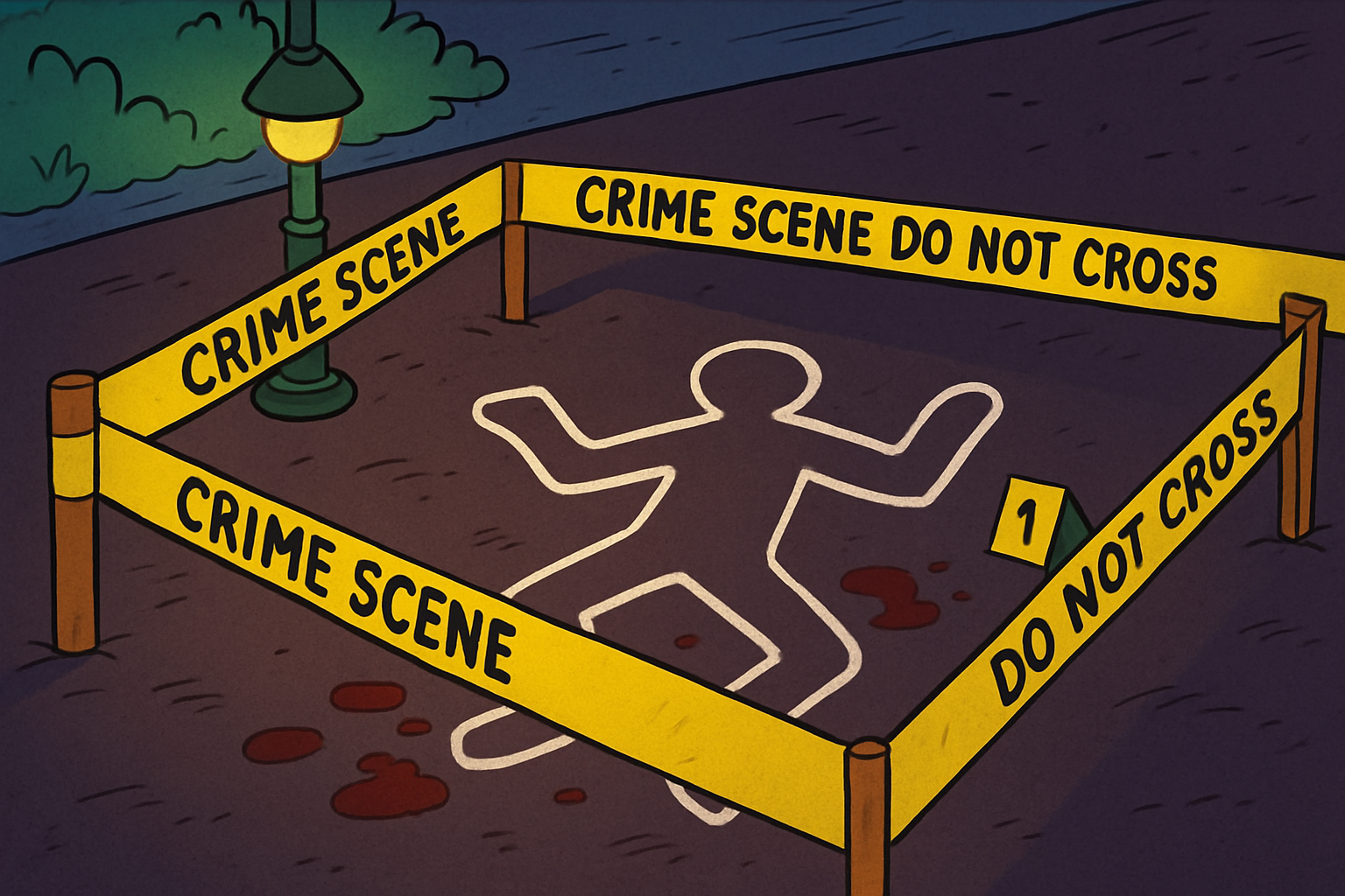 A cartoon style image of a crime scene with a chalk outline of a body-1