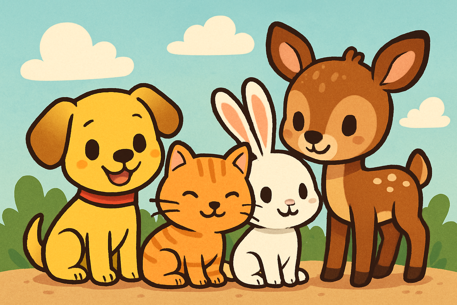 A cartoon style image of cute animals like a dog a cat a bunny and a deer