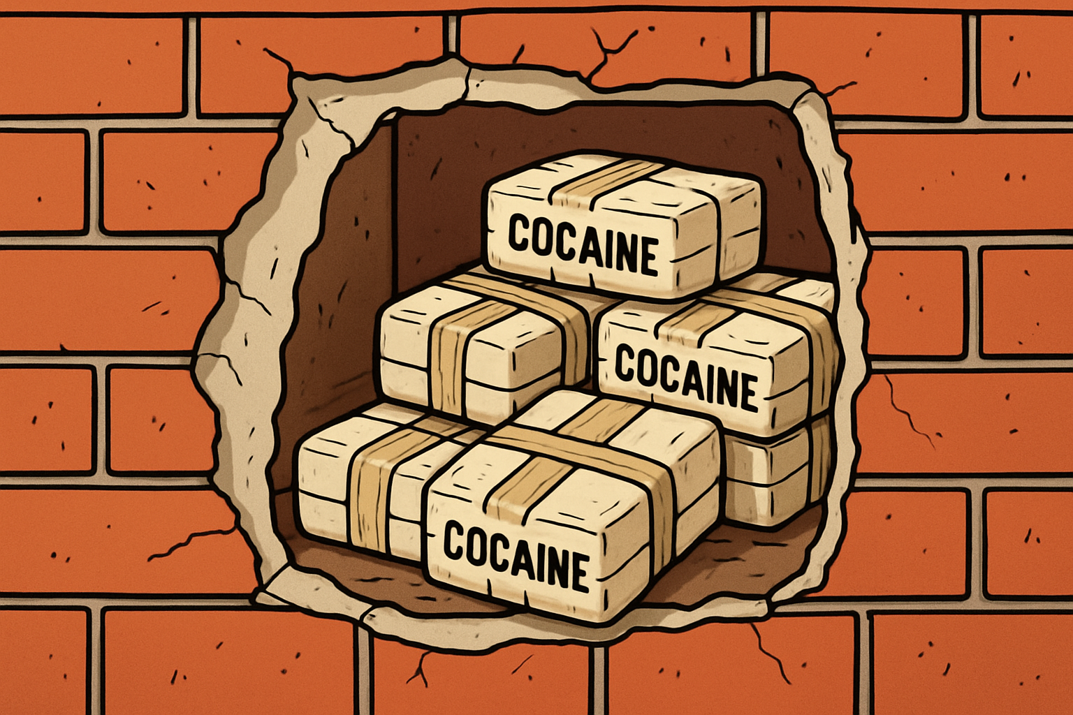 A cartoon style image of kilos of cocaine hidden in a wall