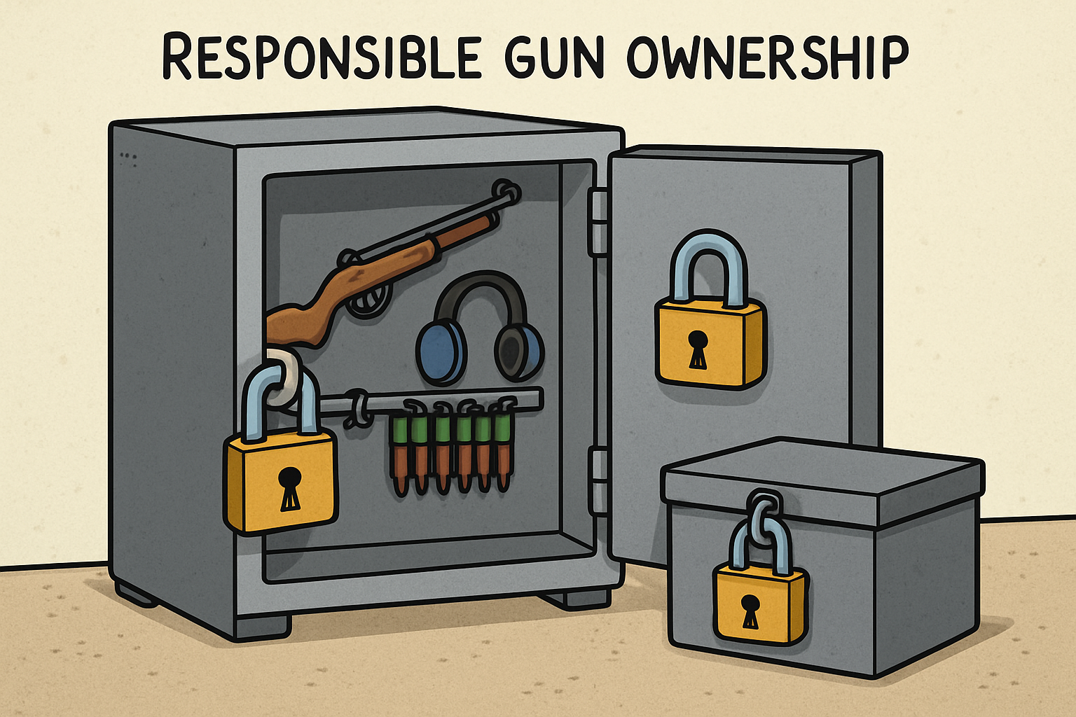 A cartoon style image showing responsible gun ownership with everything locked up tight