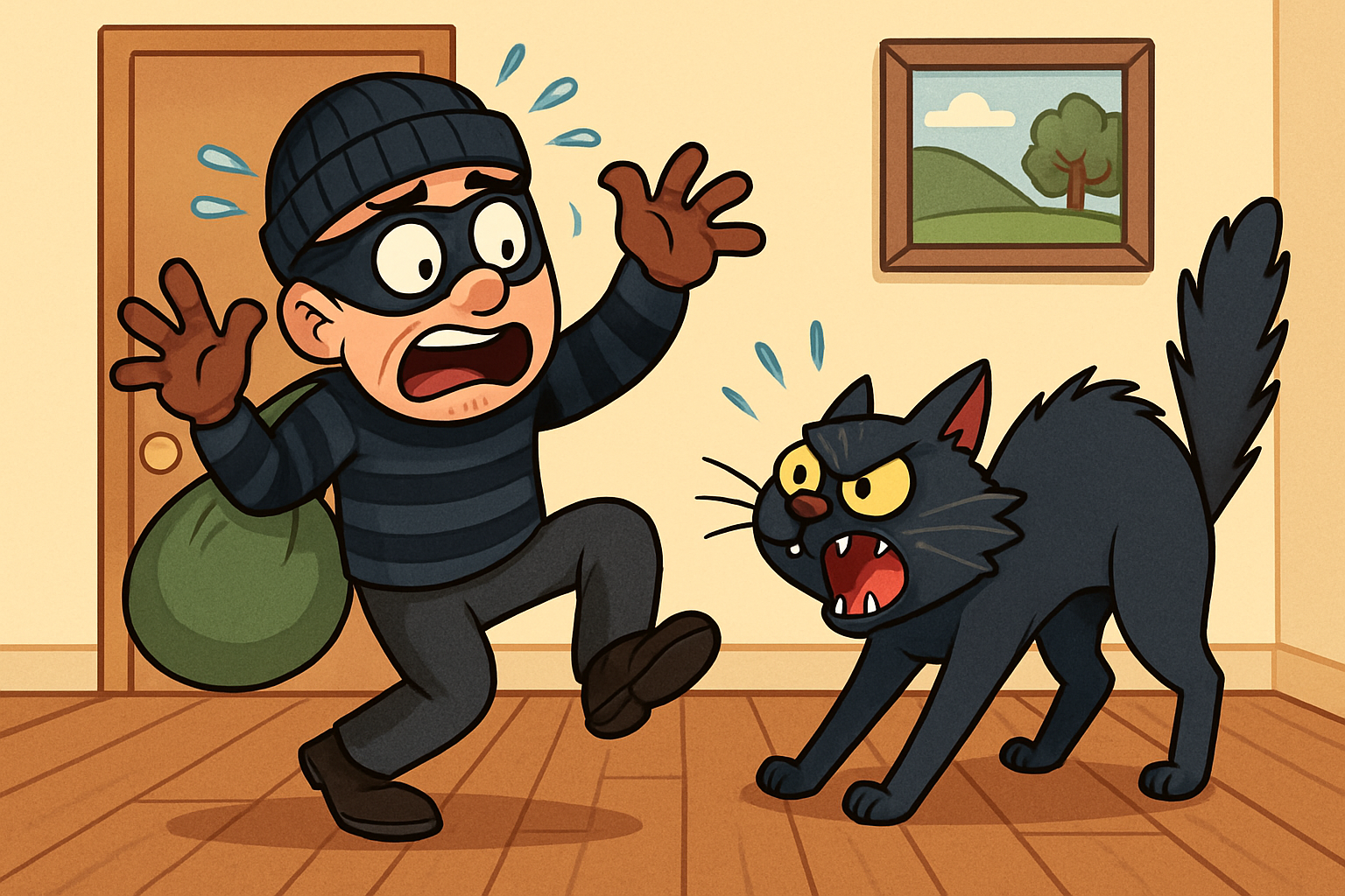 A cartoon style picture of robber getting scared by a cat-1
