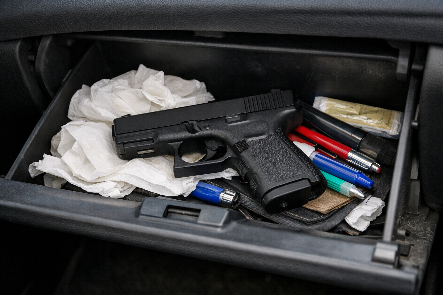 Handgun in Glove Compartment with Napkins and Pens