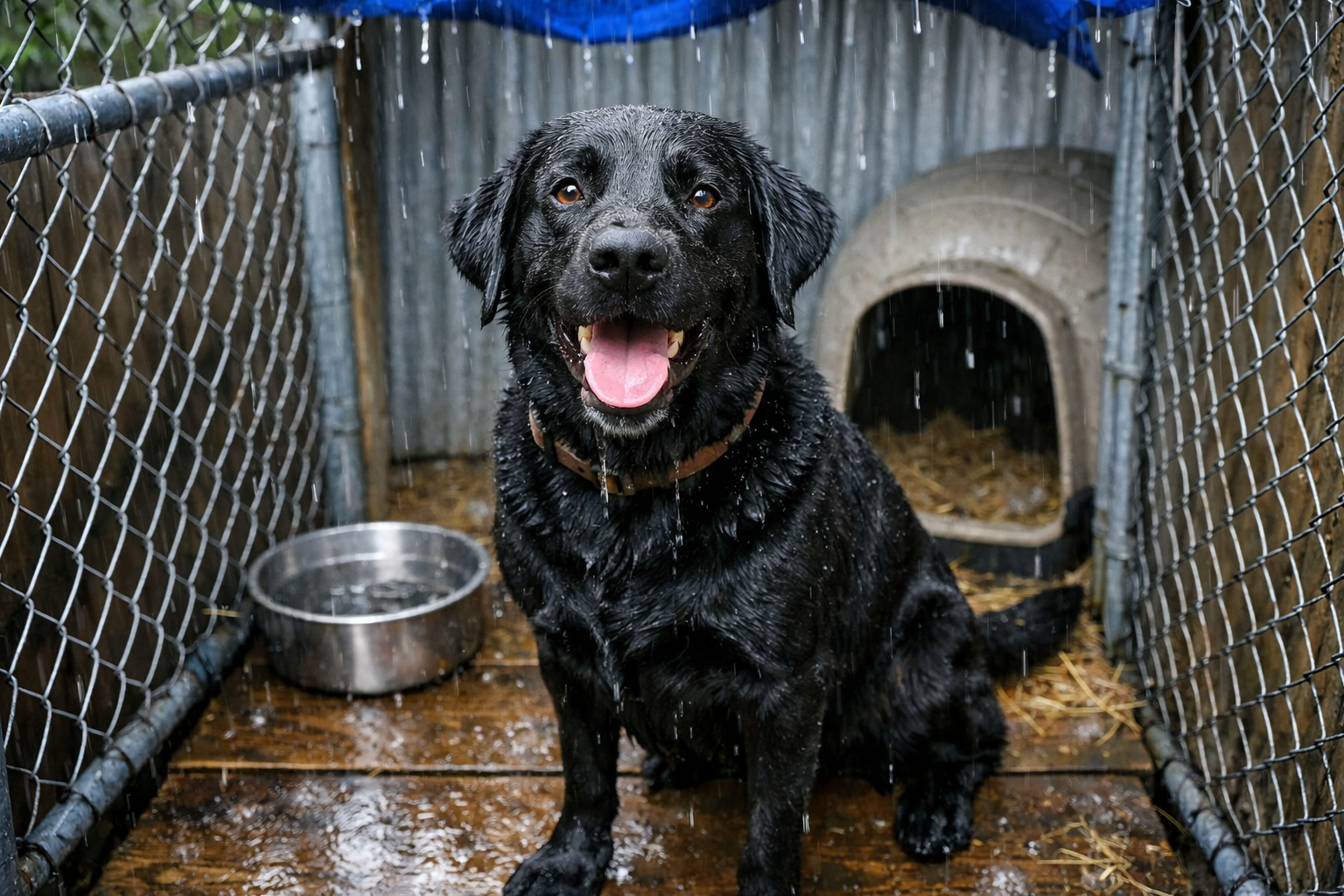 Happy Black Lab in Rainy Enclosure-1