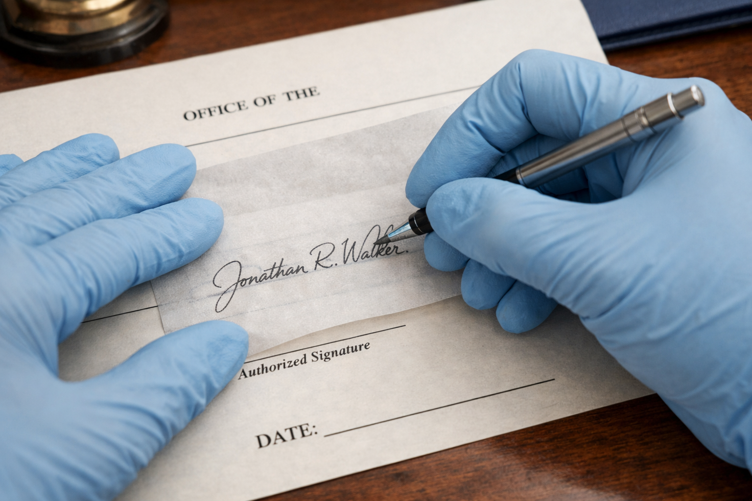 Latex Gloved Hands Copying Signature on Document
