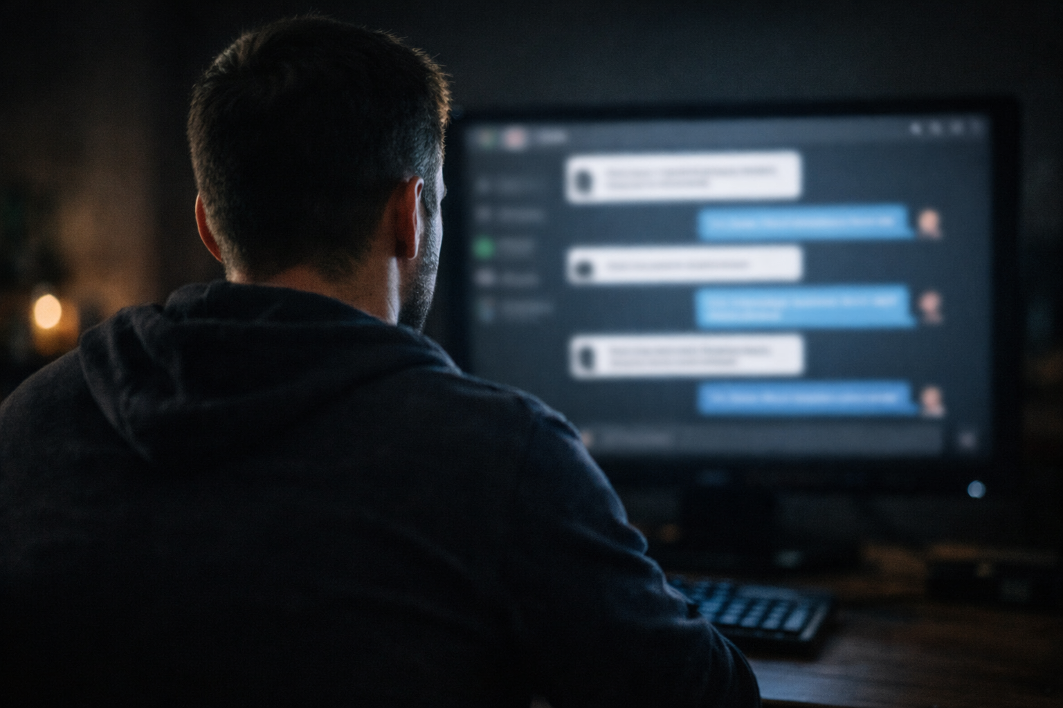 Man in Dark Room staring at computer screen