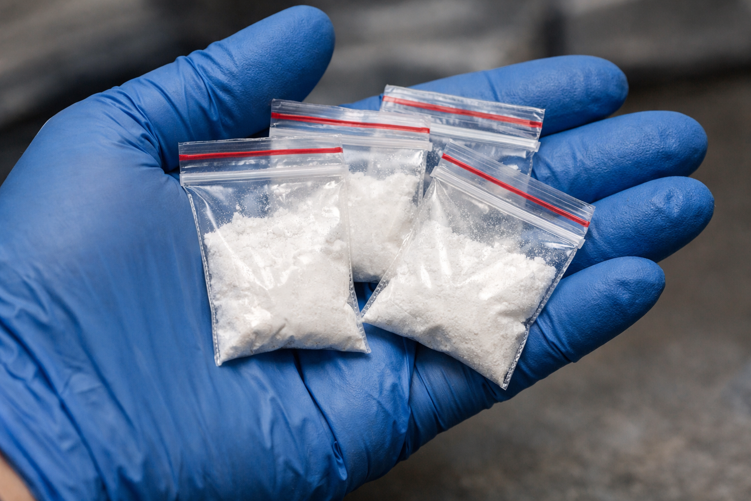 White Powder in plastic bags in gloved hand