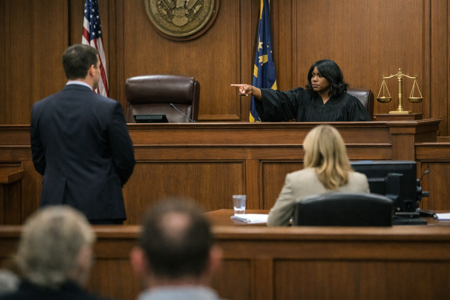 Woman and Man in Court with Judge Pointing