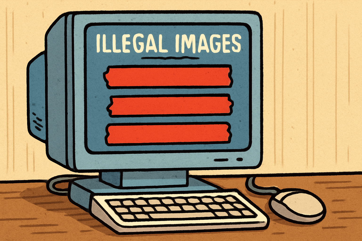 a cartoon style image of a computer with redacted bars on the screen to represent illegal images