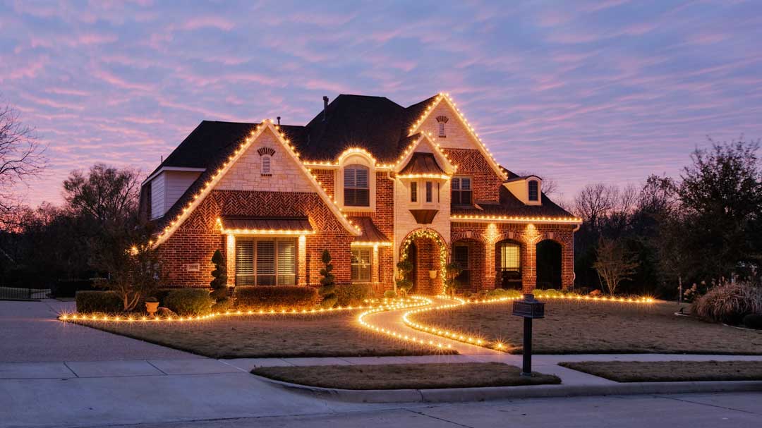 home decorated with Christmas lights